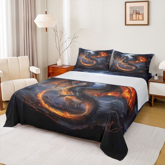 Feelyou Moon Flame Dragon Bed Sheets for Boys, Black Orange gOTHIC Animal King Sheets, 4 Pieces