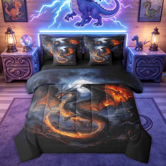 Feelyou Moon Flame Dragon Bedding Comforter Set for Boys, Black Orange gOTHIC Animal Queen Bedding Sets, Black Reversible, 7 Pieces