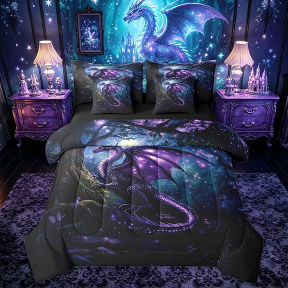 Feelyou Moon Glowing Dragon Twin Bedding Sets for Boys Girls Kids, Starry Butterfly Wildlife Bedding Comforter Set, Purple Black, Black Reversible, 7 Pieces