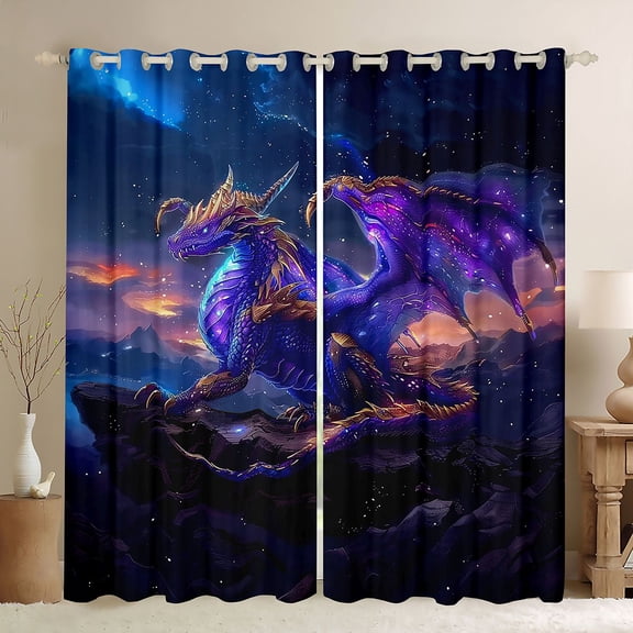 Feelyou Moon Stars Dragon Black Out Curtains for Boys, Glitter Magical Animal Curtains Pack of 2 (42x63 Each), Navy