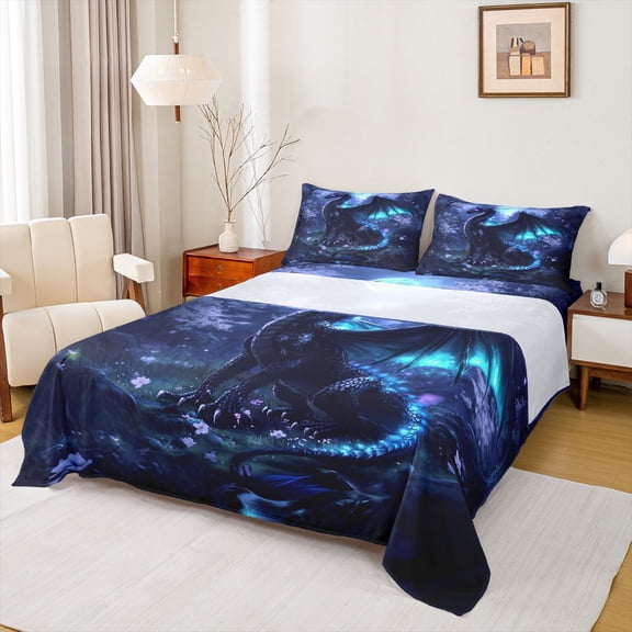 Feelyou Moonlight Black Dragon Bed Sheets for Men Women Kids, Forest Blossoms Flower King Sheets, Black Purple, 4pcs