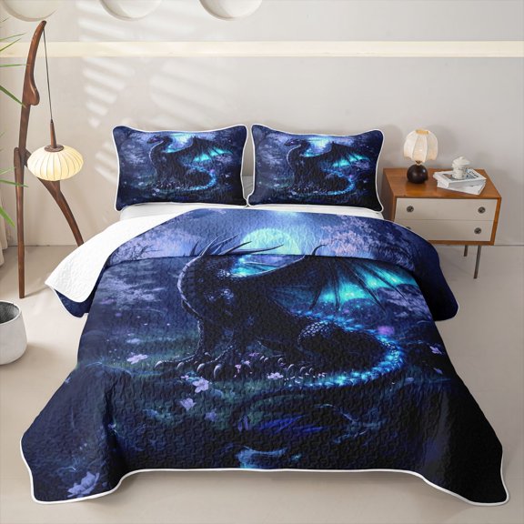 Feelyou Moonlight Black Dragon Bed Spread Queen for Men Women, Forest Blossoms Flower Queen Coverlet Set, Black Purple, 3pcs