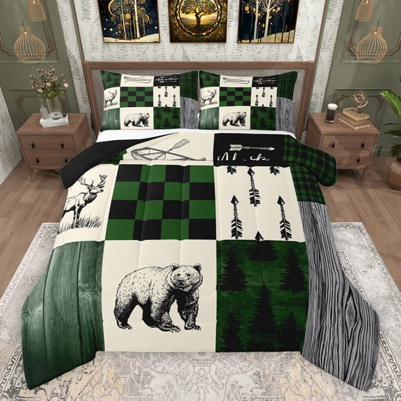 Feelyou Moose Bear Animal Bedding Comforter Set, Green Check Patchwork Twin Comforter Sets, Farmhouse Hunting Theme Reversible Bedding Set, Breathable Home Decor, 2 Pieces