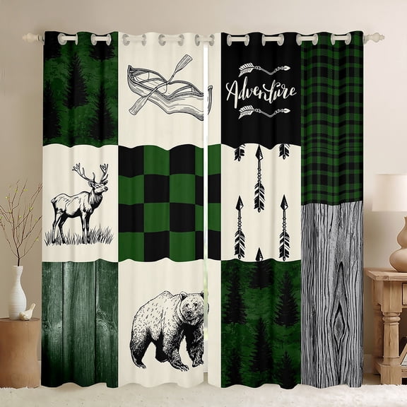Feelyou Moose Bear Animal Curtains Pack of 2 (42x84 Each), Green Check Patchwork Curtains Blackout, Farmhouse Hunting Theme Bedroom Curtains, Blackout Curtains Home Decor