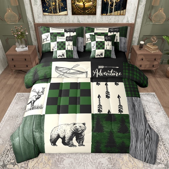 Feelyou Moose Bear Animal Twin Bedding Sets 7-Piece, Green Check Patchwork Bedding Comforter Set, Farmhouse Hunting Theme Reversible Sheet Sets, Breathable Home Decor
