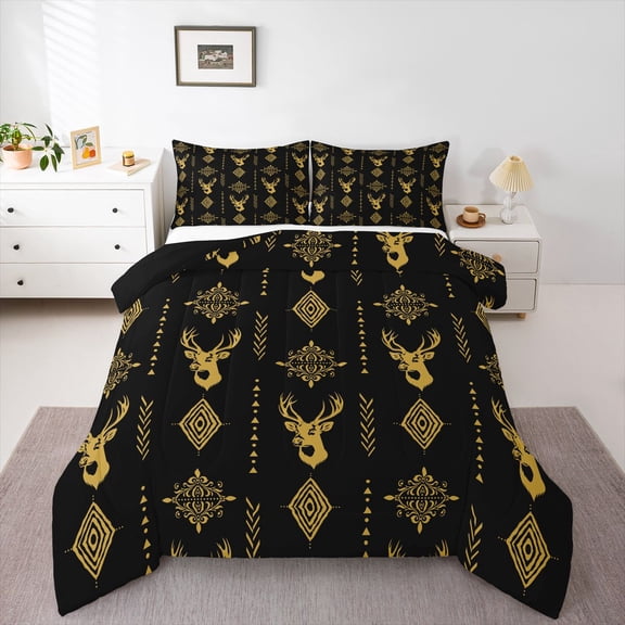 Feelyou Moose Deer Animal Queen Comforter Set, Tribal Western Aztec Bedding Set, 3pcs