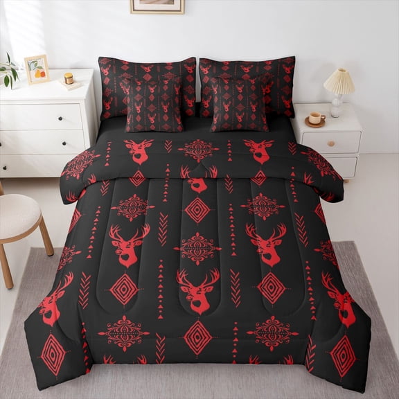 Feelyou Moose Elk Bedding Comforter Set 7pcs, Damask Aztec Triangle Queen Bedding Sets