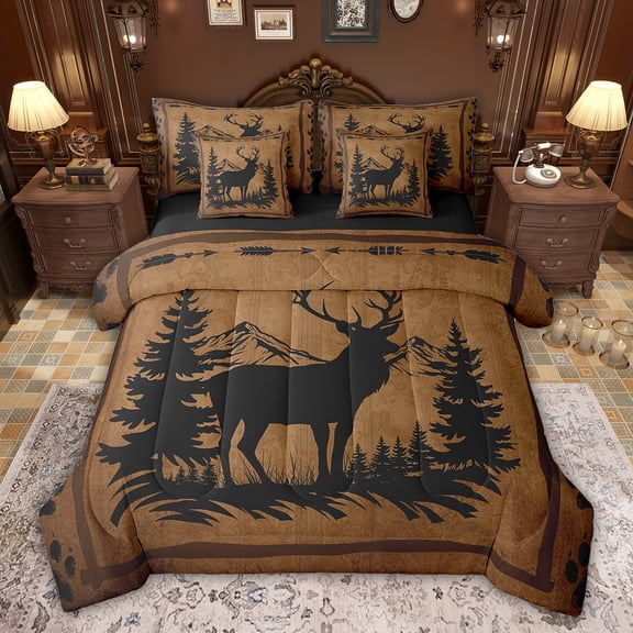 Feelyou Moose Elk Deer Bedding Comforter Set 7pcs for Kid, Pine Tree Botanical King Bedding Sets, Farmhouse Animals Theme Reversible Bed Sheets, Super Cozy Room Decor