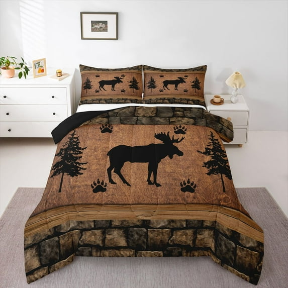 Feelyou Moose Elk Deer Kid Queen Comforter Set, Pine Tree Botanical Bedding Set, 3pcs
