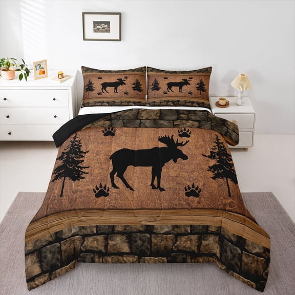 Feelyou Moose Elk Deer Kid Twin Comforter Sets, Pine Tree Botanical Bedding Set, 2pcs