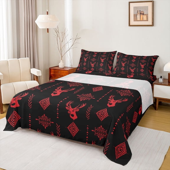 Feelyou Moose Elk Teens Queen Sheet Sets, Damask Aztec Triangle Bed Set, 4-Piece