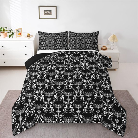 Feelyou Moth Butterfly Teen Queen Comforter Set, Black Mandala Damask Bedding Set, 3pcs