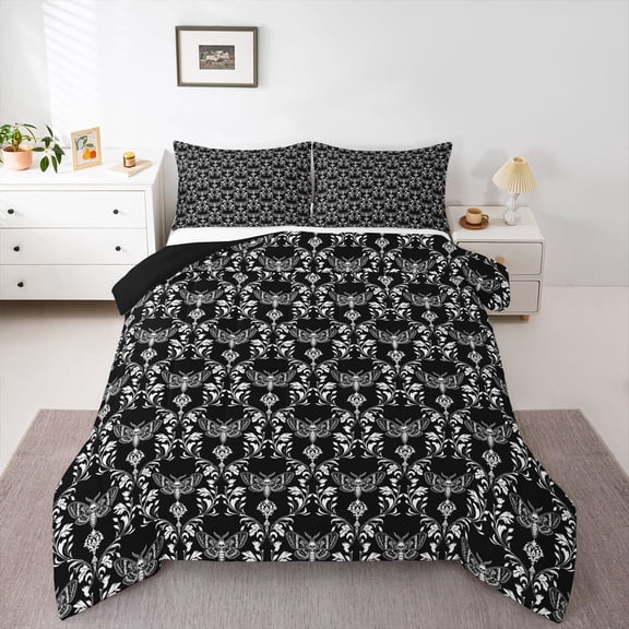 Feelyou Moth Butterfly Teen Queen Comforter Set, Black Mandala Damask Bedding Set, 3pcs