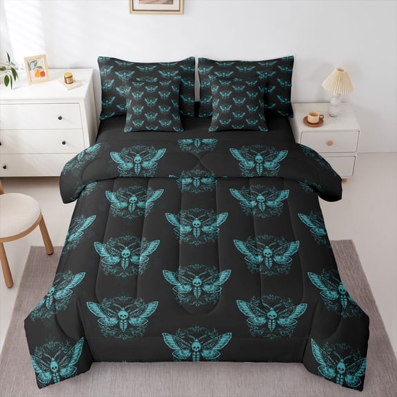Feelyou Moth Skull Bedding Comforter Set 7 Pieces, Hippie Style Queen Bedding Sets