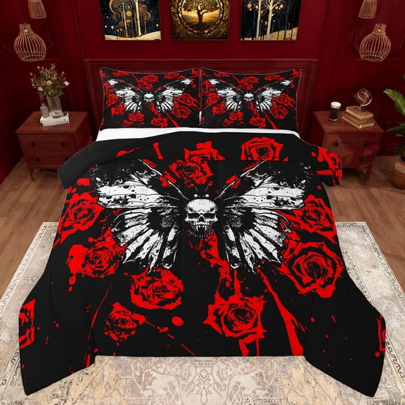 Feelyou Moth Skull Print Bedding Comforter Set for Teens, Romantic Rose Graffiti Twin Comforter Sets, Gothic Valentine's Day Reversible Bedding Set, Ultra Soft Bedroom Decor, 2pcs