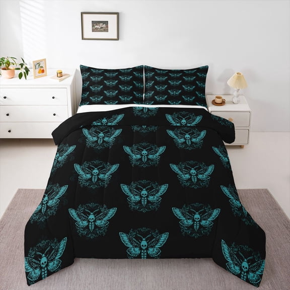 Feelyou Moth Skull Queen Comforter Set, Hippie Style Bedding Comforter Set, 3-Piece