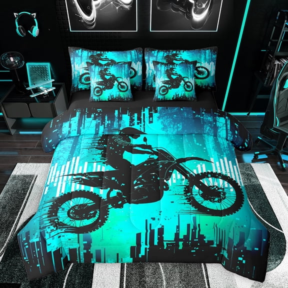Feelyou Motorcycle Athlete Bedding Comforter Set 7pcs for Boys, Dirt Bike Printed Queen Bedding Sets, Modern Extreme Sport Reversible Queen Sheet Sets, Lightweight Room Decor