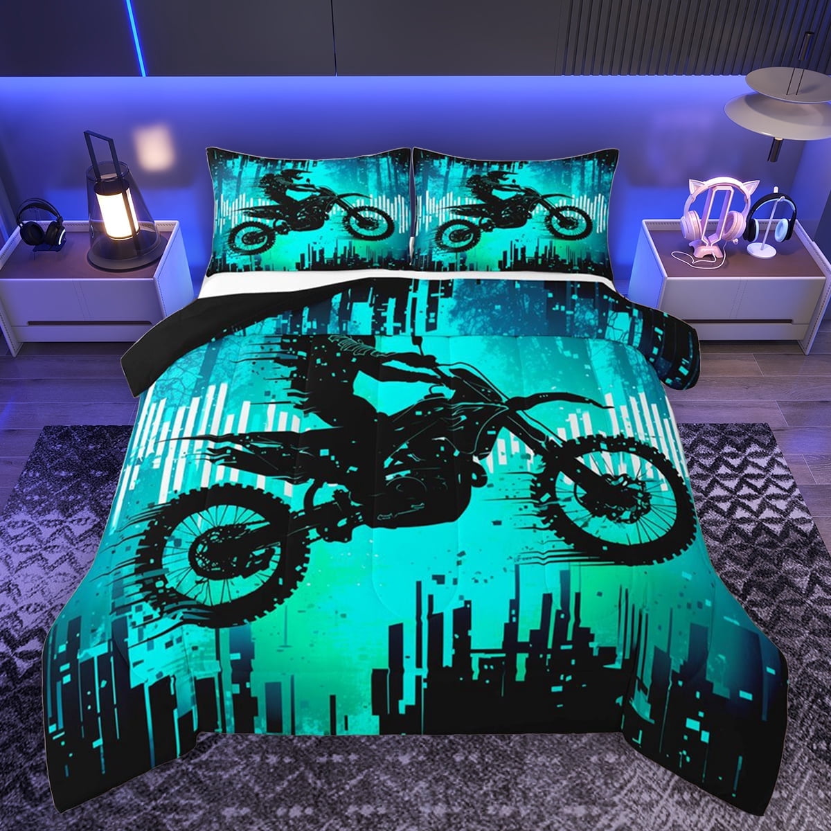 Feelyou Motorcycle Athlete Bedding Comforter Set for Boys, Dirt Bike Printed Twin Comforter Sets, Modern Extreme Sport Reversible Bedding Set, Lightweight Room Decor, 2-Piece