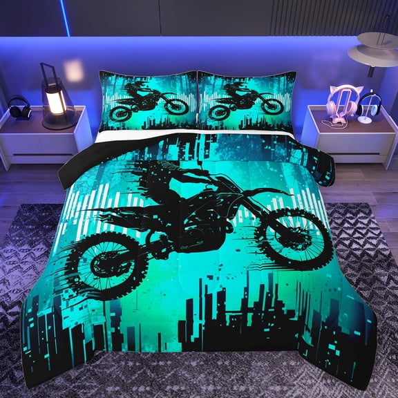Feelyou Motorcycle Athlete Queen Comforter Set for Boys, Dirt Bike Printed Bedding Sets, Modern Extreme Sport Reversible Bedding Comforter Set, Lightweight Room Decor, 3-Piece