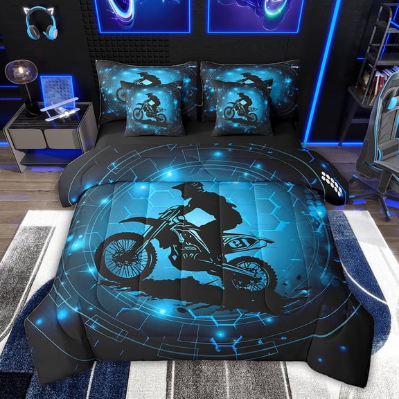Feelyou Motorcycle Dirt Bike Bedding Comforter Set 7pcs, Extreme Speed Sport King Bedding Sets, Neon Cyan Honeycomb Reversible Bed Sheets, Ultra Soft Bedroom Decor