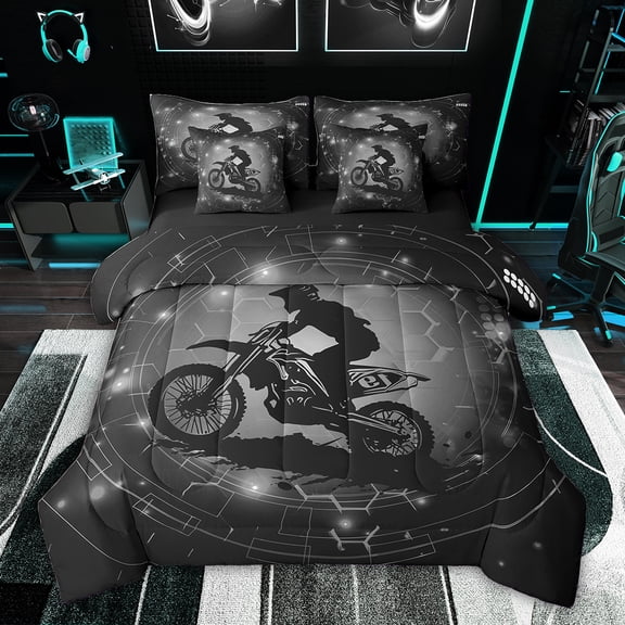 Feelyou Motorcycle Dirt Bike Bedding Comforter Set 7pcs, Extreme Speed Sport King Bedding Sets, Neon Grey Honeycomb Reversible Bed Sheets, Ultra Soft Bedroom Decor