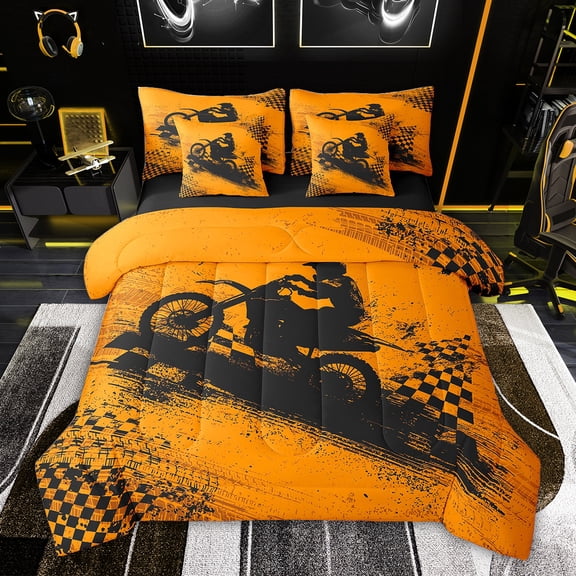 Feelyou Motorcycle Dirt Bike Bedding Comforter Set 7pcs, Extreme Speed Sport King Bedding Sets, Vintage Checkered Flag Reversible Bed Sheets, Luxury Bedroom Decor