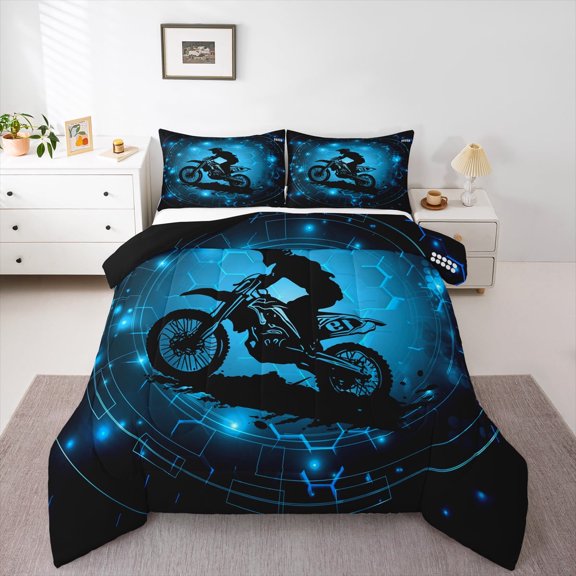 Feelyou Motorcycle Dirt Bike Bedding Comforter Set, Extreme Speed Sport Twin Comforter Sets, Neon Cyan Honeycomb Reversible Bedding Set, Ultra Soft Bedroom Decor, 2-Piece
