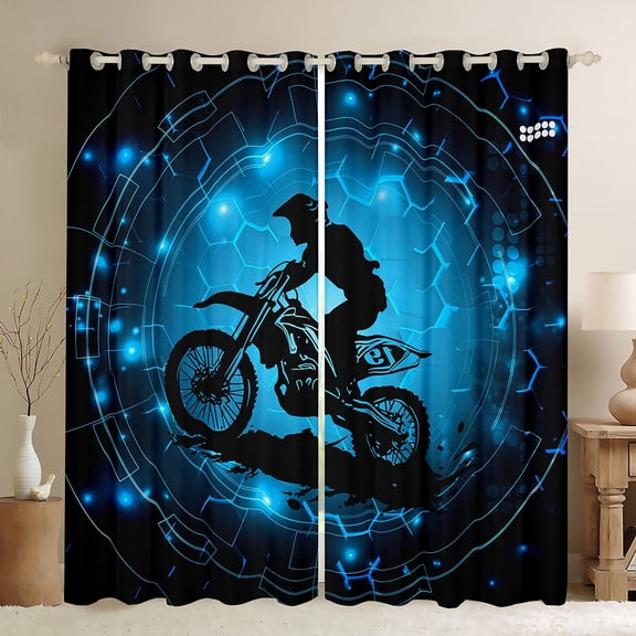 Feelyou Motorcycle Dirt Bike Black Out Curtains, Extreme Speed Sport Curtains Pack of 2 (42x63 Each), Neon Cyan Honeycomb Bedroom Curtains, Living Room Curtains Decor