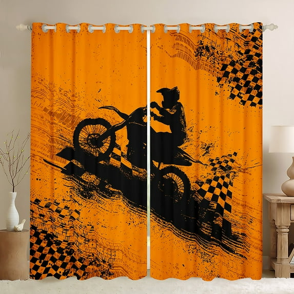 Feelyou Motorcycle Dirt Bike Black Out Curtains, Extreme Speed Sport Curtains Pack of 2 (42x63 Each), Vintage Checkered Flag Bedroom Curtains, Blackout Curtains Bedroom Decor