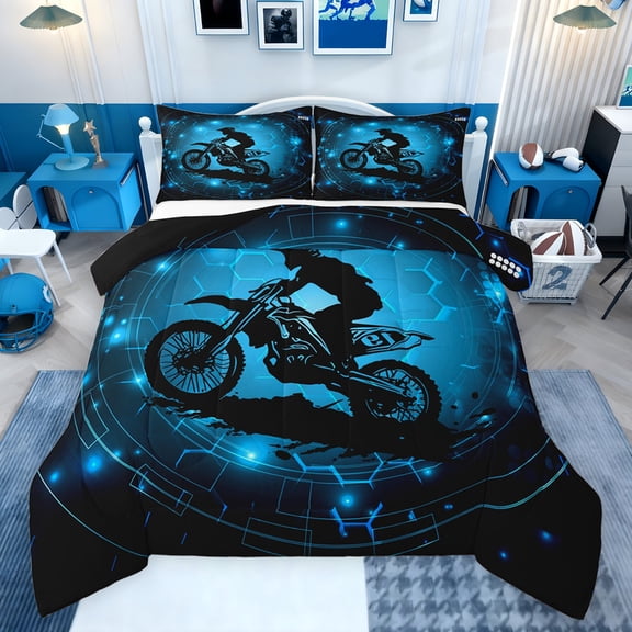 Feelyou Motorcycle Dirt Bike Queen Comforter Set, Extreme Speed Sport Bedding Sets, Neon Cyan Honeycomb Reversible Bedding Comforter Set, Ultra Soft Bedroom Decor, 3-Piece