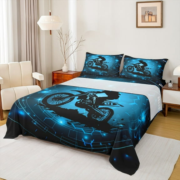 Feelyou Motorcycle Dirt Bike Twin Sheet Sets, Extreme Speed Sport Twin Fitted Sheet, Neon Cyan Honeycomb Flat Sheet, Ultra Soft Bedroom Decor, 3-Piece