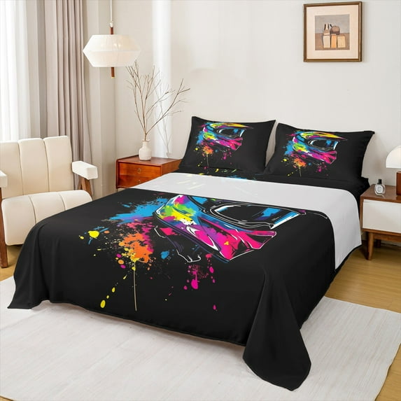 Feelyou Motorcycle Helmet Bed Sheets for Kids, Dirt Bike Sports Player King Sheets, Chic Watercolor Splash Sheet Set, Breathable Home Decor, 4-Piece