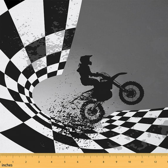 Feelyou Motorcycle Lover Kids Fabric by the Yard 10 Yards, Competition Sports Sewing Fabric, Checkered Geometric Home Decor Fabric by the Yard, Ultra Soft Home Decor