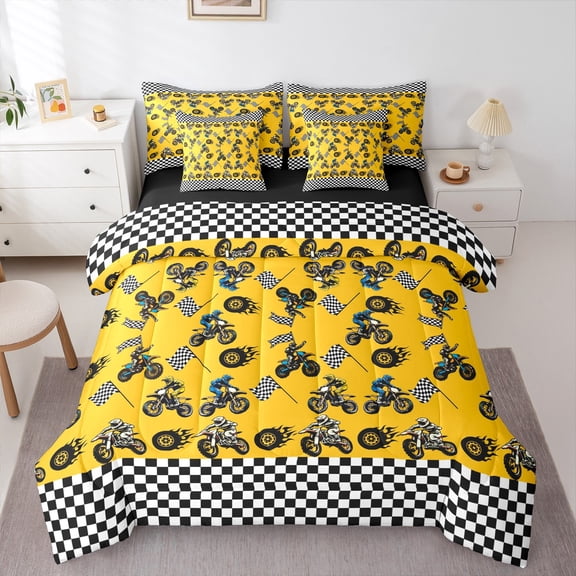 Feelyou Motorcycle Sport Boys Bedding Comforter Set 7-Piece, Yellow Dirt Bike Lover King Bedding Sets, Extreme Sports Reversible Bed Sheets, Breathable Home Decor