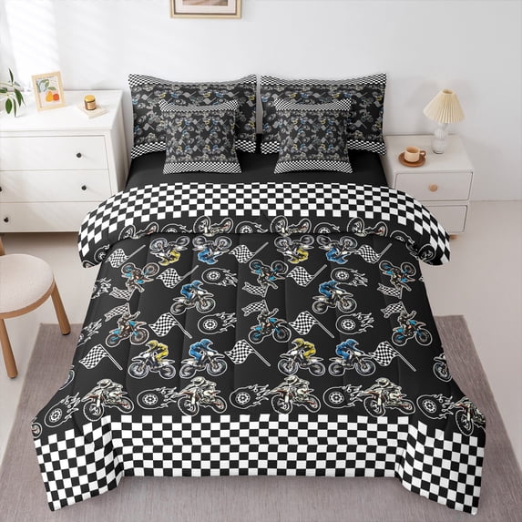Feelyou Motorcycle Sport Boys Bedding Comforter Set 7 Pieces, Black Dirt Bike Lover Full Bedding Set, Extreme Sports Reversible Fitted Sheet Flat Sheet, Ultra Soft Home Decor