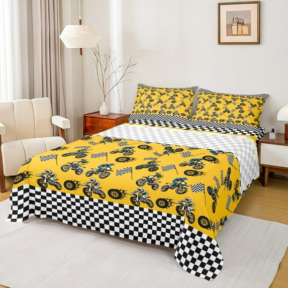 Feelyou Motorcycle Sport Boys Full Size Sheets, Yellow Dirt Bike Lover Bed Sheets, Extreme Sports Sheet Sets, Breathable Home Decor, 4-Piece