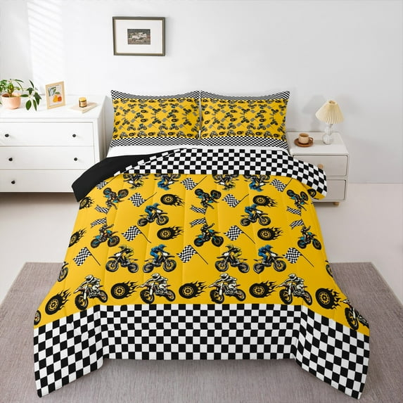 Feelyou Motorcycle Sport Boys Queen Comforter Set, Yellow Dirt Bike Lover Bedding Sets, Extreme Sports Reversible Bedding Comforter Set, Breathable Home Decor, 3-Piece