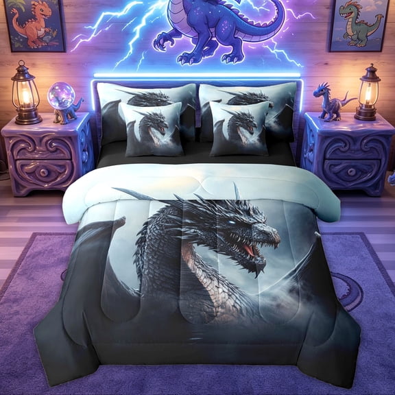 Feelyou Mountain Grey Dragon Twin Bedding Sets for Men Women Kids, Cartoon Western Wildlife Bedding Comforter Set, Silver, Black Reversible, 7 Pieces
