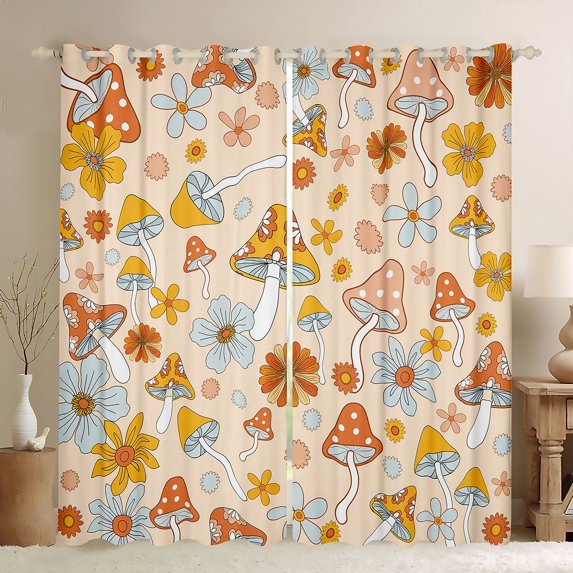 Feelyou Mushroom Black Out Curtains, Blossoms Floral Curtains Pack of 2 (42x63 Each)