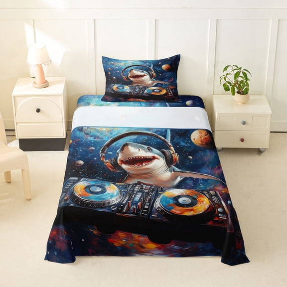 Feelyou Music Shark Twin Sheet Sets for Kids Boys Girls, Galaxy Star Space Animal Bedding, Blue, 3-Piece