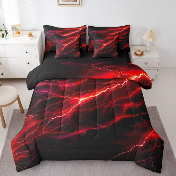 Feelyou Mysitc Lightning Bedding Comforter Set 7-Piece for Teens, Red Tornado Storm King Bedding Sets, Natural Weather Reversible Bed Sheets, Microfiber Bedroom Decor