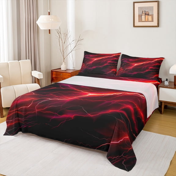 Feelyou Mysitc Lightning Full Size Sheets for Teens, Red Tornado Storm Bed Sheets, Natural Weather Sheet Sets, Microfiber Bedroom Decor, 4pcs