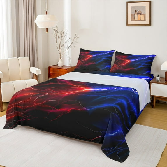 Feelyou Mysitc Lightning Twin Sheet Sets for Teens, Red Blue Tornado Storm Twin Fitted Sheet, Natural Weather Flat Sheet, Luxury Bedroom Decor, 3pcs