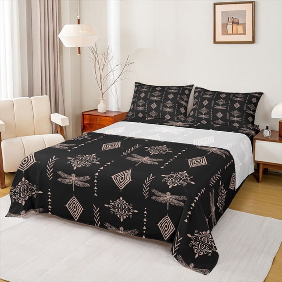 Feelyou Mystic Aztec Damask Full Size Sheets, Rustic Boho Dragonfly Bed Sheets, 4pcs