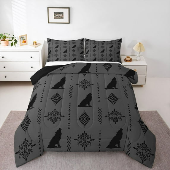 Feelyou Mystic Aztec Damask Twin Comforter Sets, Rustic Tribal Wolf Bedding Set, 2 Pieces