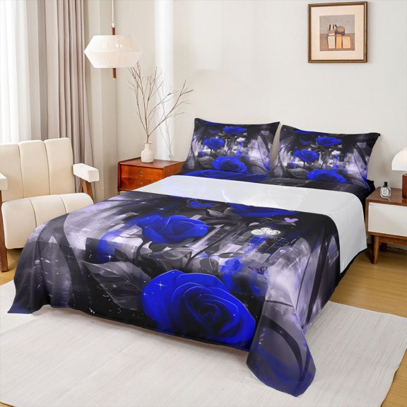 Feelyou Mystic Blue Rose Bed Sheets for Women, Dreamy Butterfly King Sheets, Futuristic Square Honeycomb Sheet Set, Microfiber Bedroom Decor, 4 Pieces