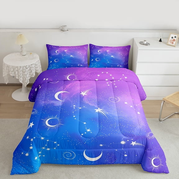 Feelyou Mystic Constellation Queen Comforter Set, Moon Stars Galaxy Bedding Sets, Dreamy Cartoon Theme Bedding Comforter Set, Super Cozy Room Decor, 3 Pieces