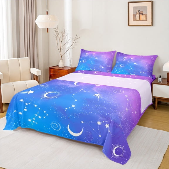 Feelyou Mystic Constellation Twin Sheet Sets, Moon Stars Galaxy Twin Fitted Sheet, Dreamy Cartoon Theme Flat Sheet, Super Cozy Room Decor, 3 Pieces