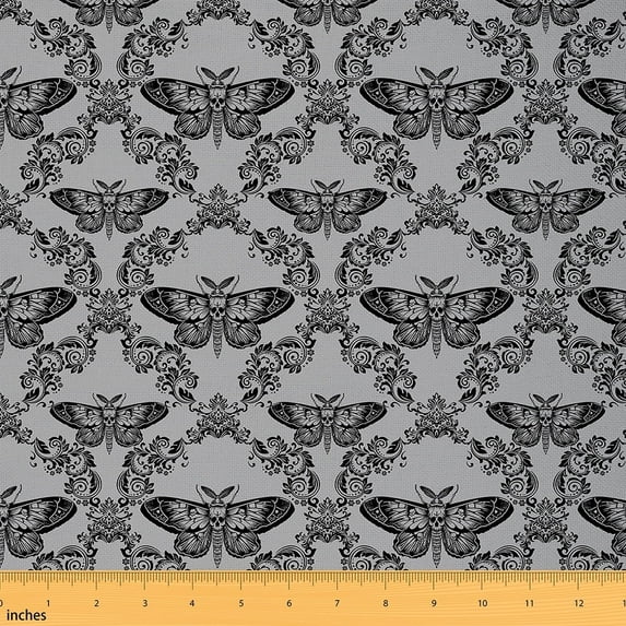 Feelyou Mystic Damask Fabric by the Yard 1 Yard for Adult, Skeleton Moth Sewing Fabric, Halloween Style Home Decor Fabric by the Yard, Luxury Bedroom Decor