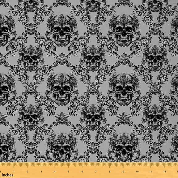Feelyou Mystic Damask Fabric by the Yard 2 Yards for Adult, Skeleton Skull Home Decor Fabric by the Yard, Halloween Style Sewing Fabric, Microfiber Bedroom Decor
